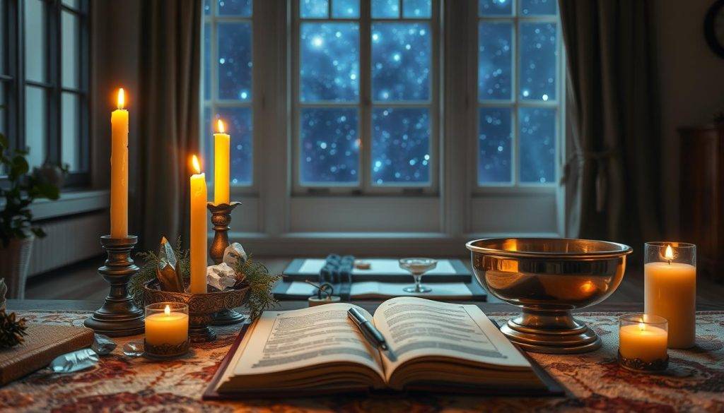 A tranquil, candlelit space set for a solar return ritual. In the foreground, an ornate altar adorned with crystals, herbs, and a brass bowl filled with water. Beeswax candles cast a warm, glowing light across the scene. In the middle ground, a low table holds an open journal, a pen, and other ritual items. The background features a large window overlooking a starry night sky, creating a serene, meditative atmosphere. Soft, natural light filters in, accentuating the earthy tones and textures of the space. The overall composition evokes a sense of contemplation and connection with the cyclical nature of the sun's annual return.