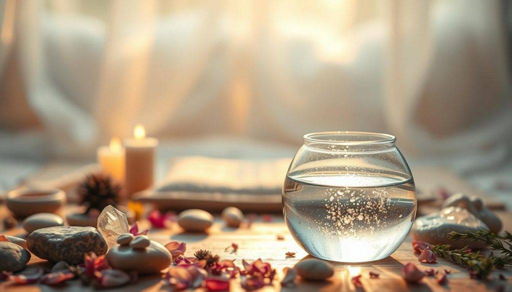 A tranquil crystal-filled scene, bathed in warm, golden light. In the foreground, a clear glass vessel filled with crystalline elixir, its surface shimmering with intention. Surrounding it, an assortment of mindfully arranged natural elements - smooth stones, delicate flower petals, and a sprinkling of herbs. In the middle ground, a serene meditation cushion, inviting the viewer to pause and connect with the energy of the space. The background fades into a soft, hazy blur, creating a sense of focus and contemplation. The overall atmosphere is one of ritual, introspection, and the purposeful infusion of intent.