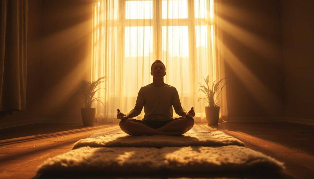 A tranquil, dimly lit meditation room bathed in warm, golden hues. In the foreground, a person sits cross-legged on a plush, cushioned mat, eyes closed in deep contemplation. Rays of light filter through a large window, casting a serene, ethereal glow. The background is filled with soft, wispy curtains and the silhouettes of potted plants, creating a sense of introspection and inner transformation. The camera angle is slightly elevated, giving a sense of perspective and depth to the scene. The overall atmosphere is one of focused mindfulness and the anticipation of a profound personal journey.