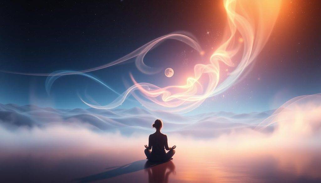 A tranquil, ethereal space filled with soft, luminous energy. In the foreground, a serene figure sits in a meditative pose, their aura emanating a warm, comforting glow. The middle ground features a swirling, abstract landscape of shifting light and color, like a cosmic dance of spiritual forces. The background is a vast, boundless expanse of deep, indigo hues, dotted with celestial bodies and a sense of infinite potential. The lighting is gentle, almost otherworldly, casting a dreamlike, introspective atmosphere. The overall impression is one of deep, inner connection, a sacred space for the conception of new life and the nurturing of the soul.