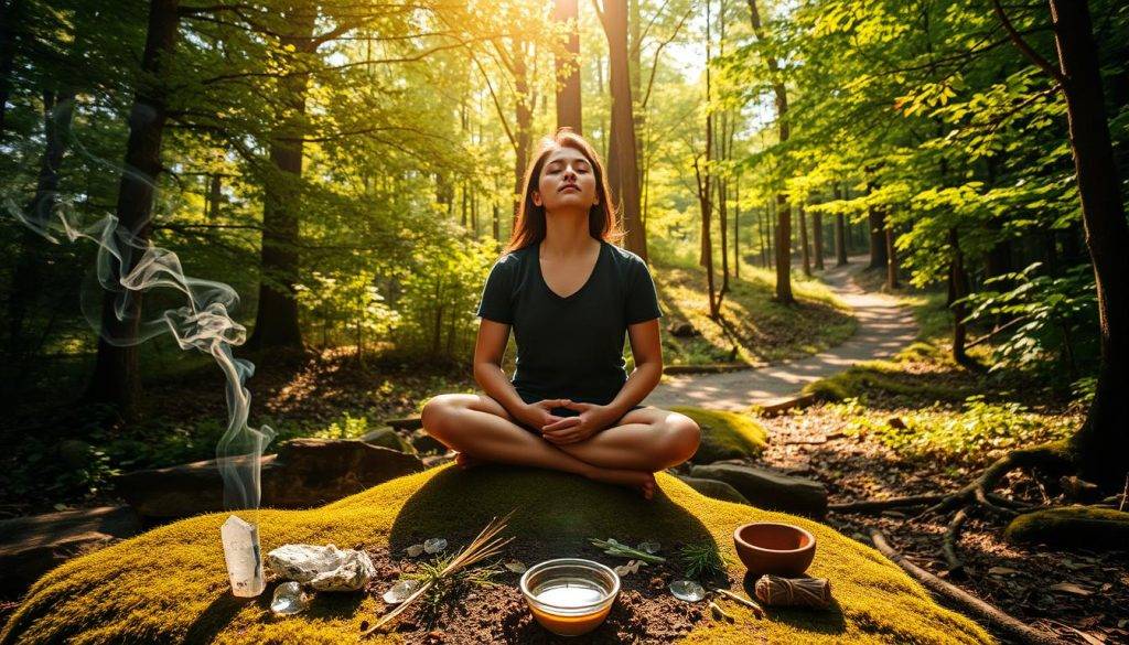 A tranquil forest glade, bathed in warm, golden light filters through the verdant canopy. In the foreground, a person sits cross-legged on a moss-covered rock, eyes closed in deep contemplation, surrounded by an array of natural elements - crystals, herbs, and a small bowl of water. In the middle ground, wispy tendrils of incense drift upwards, creating a sense of ritual and ceremony. The background reveals a winding path leading deeper into the woods, suggesting a journey of self-discovery and personal growth. The overall atmosphere is one of introspection, connection with nature, and preparation for a transformative experience.