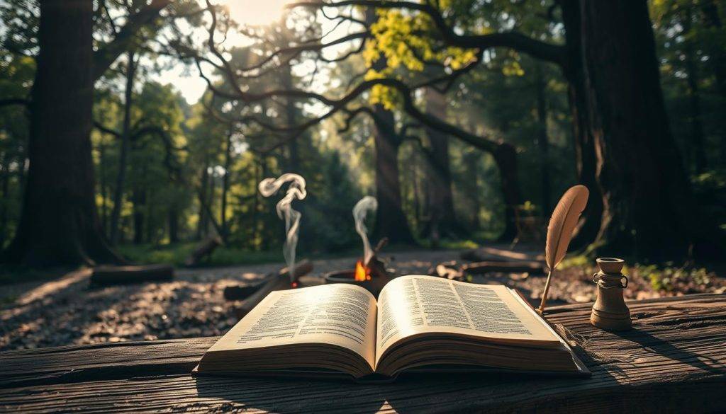 A tranquil forest glade, sunlight filtering through the canopy, casting a warm glow. In the foreground, an open book rests on a weathered wooden bench, its pages inviting the viewer to delve into its stories. Nearby, a quill and inkwell stand, symbolizing the act of authentic storytelling. In the middle ground, wispy trails of smoke curl from a campfire, hinting at the presence of a lone wanderer, lost in contemplation. The background features towering, ancient trees, their branches reaching skyward, as if reaching for the clouds that drift overhead, evoking a sense of timelessness and the enduring power of narratives.