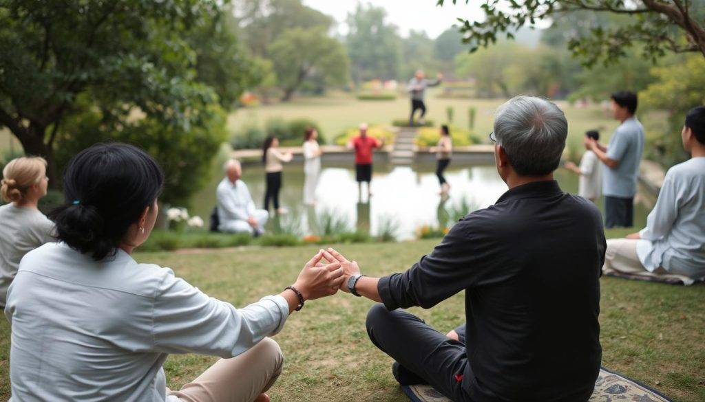 A tranquil garden setting, with a group of people engaged in various activities that promote social harmony. In the foreground, two individuals sit cross-legged, their hands joined in a gesture of understanding. In the middle ground, a small group practices gentle tai chi movements, their bodies in graceful synchronicity. In the background, a serene pond reflects the soft, diffused light of an overcast day, creating a calming atmosphere. The scene is characterized by a sense of balance, connection, and a shared focus on cultivating inner peace and interpersonal harmony.