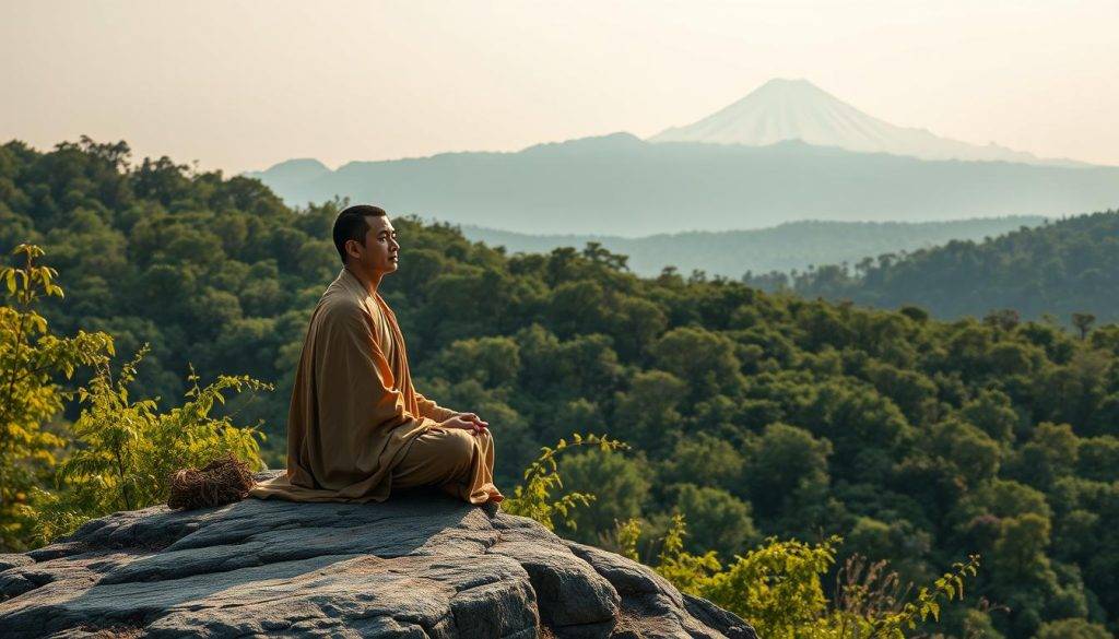 A tranquil landscape depicting the essence of Hindu philosophy's concept of equanimity. In the foreground, a serene meditating figure, draped in flowing robes, sits cross-legged on a rocky outcrop, their face radiating a sense of inner peace and detachment. In the middle ground, a lush, verdant forest extends, its canopy illuminated by warm, diffused sunlight filtering through the leaves. In the background, a distant mountain range rises majestically, its peaks capped with snow, symbolizing the unattainable yet ever-present nature of enlightenment. The overall atmosphere is one of profound stillness, balance, and harmony, inviting the viewer to contemplate the profound wisdom of the Hindu teachings on equanimity.
