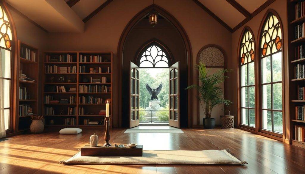 A tranquil meditation space, a serene sanctuary where addiction recovery and spiritual practice intertwine. Soft, diffused lighting filters through stained glass, casting a warm, contemplative glow. In the foreground, a cushioned meditation mat and a simple wooden altar, adorned with candles, crystals, and symbolic objects. Behind, floor-to-ceiling bookshelves hold volumes on mindfulness, meditation, and holistic healing. The middle ground features a large, arched window overlooking a lush, verdant garden, a physical and metaphorical representation of the journey from darkness to light. The overall atmosphere is one of calm, introspection, and the harmonious integration of the physical, mental, and spiritual realms.