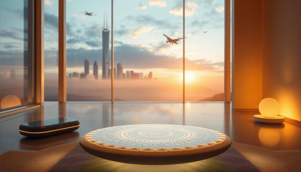 A tranquil meditation space of the future, bathed in warm, ambient lighting. In the foreground, a levitating meditation cushion hovers, its surface glowing with intricate holographic patterns. Beside it, a sleek, voice-controlled virtual assistant offers personalized guidance and soothing soundscapes. In the middle ground, a panoramic display projects serene, ever-evolving nature scenes, while integrated biofeedback sensors monitor the practitioner's vitals. The background reveals a clean, minimalist interior with floor-to-ceiling windows, offering a breathtaking view of a futuristic cityscape, its skyscrapers and flying vehicles blending seamlessly with the natural world.