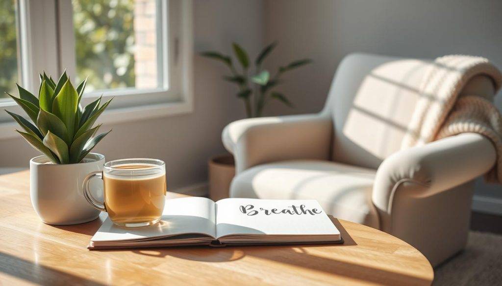 A tranquil, minimalist scene of mindful living tips. In the foreground, a wooden table with a potted plant, a cup of tea, and a notebook with a calligraphic "Breathe" written on the page. Sunlight filters in through a large window, casting a warm glow. In the middle ground, a plush, oversized armchair invites relaxation, with a cozy knitted throw draped over the back. The background features muted, natural tones - a soft, textured wall and a glimpse of lush greenery outside. The overall atmosphere is one of serenity, simplicity, and a gentle, introspective pace.