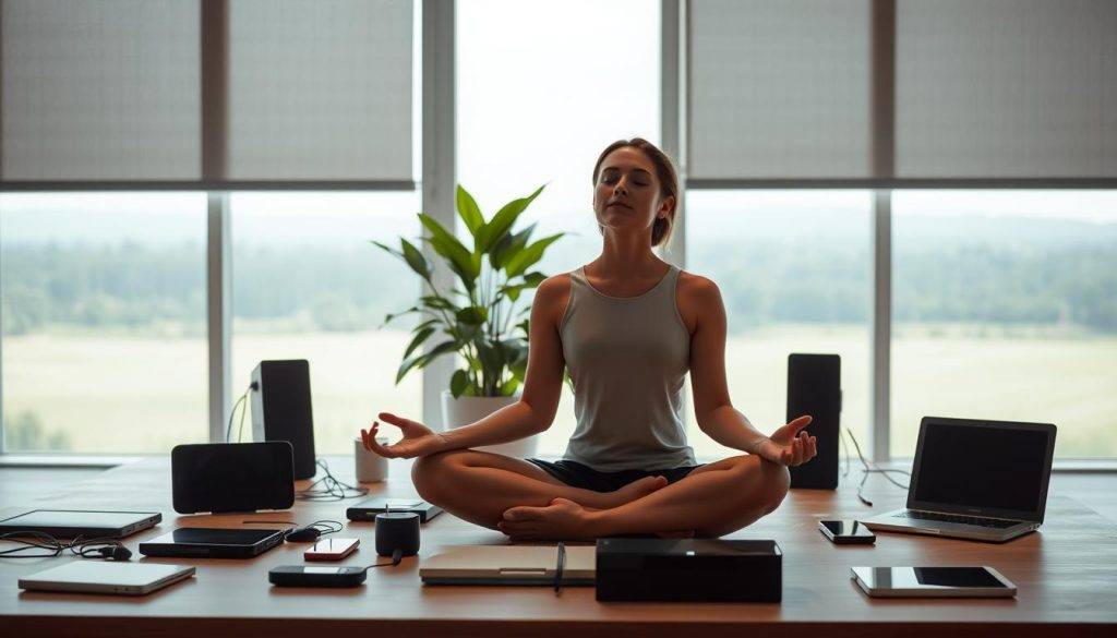 A tranquil scene depicting healthy media boundaries. In the foreground, a person sits cross-legged, eyes closed, meditating amidst a serene, minimalist workspace. Surrounding them, various digital devices are neatly arranged and powered down, signifying a digital detox. The middle ground features a lush indoor plant, symbolizing natural balance and growth. The background showcases a large window overlooking a serene outdoor landscape, with soft, diffused natural lighting filtering in. The overall atmosphere conveys a sense of calm, focus, and digital wellness.