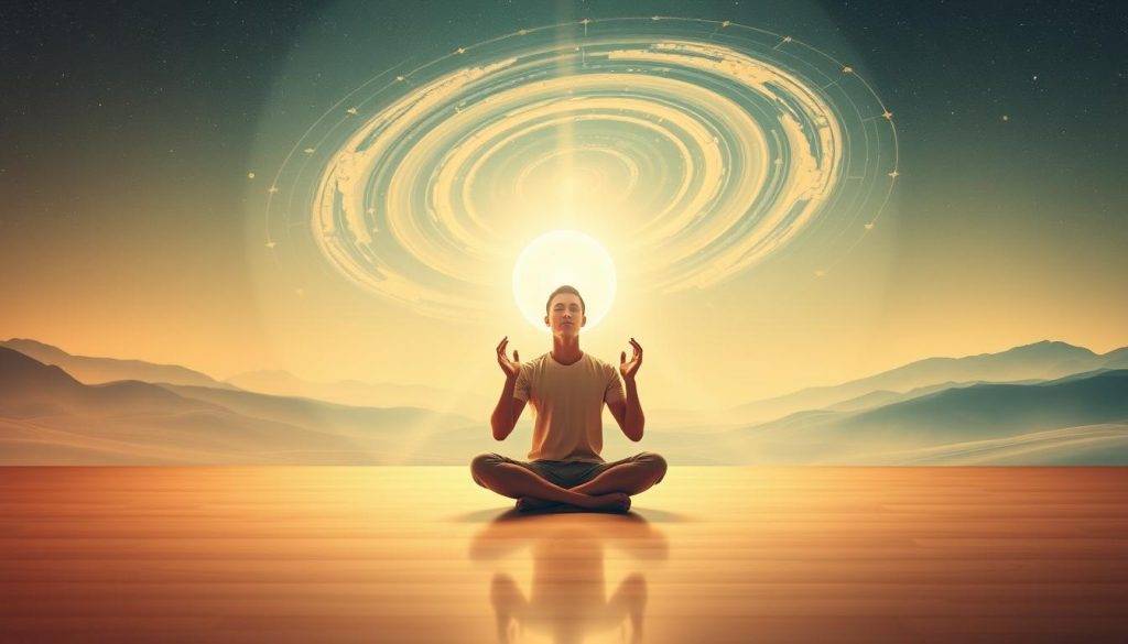 A tranquil scene depicting the core steps of a manifestation technique. In the foreground, a person sits cross-legged, eyes closed, hands in a mudra pose, radiating a serene, meditative energy. The middle ground features a visualization of the desired outcome, a glowing sphere of light suspended in the air. In the background, a swirling, ethereal landscape with celestial motifs, hinting at the connection between the inner and outer realms. Soft, warm lighting illuminates the scene, creating a sense of harmony and spiritual focus. The composition is balanced, with a minimalist, zen-like aesthetic that emphasizes the simplicity and power of the manifestation process.
