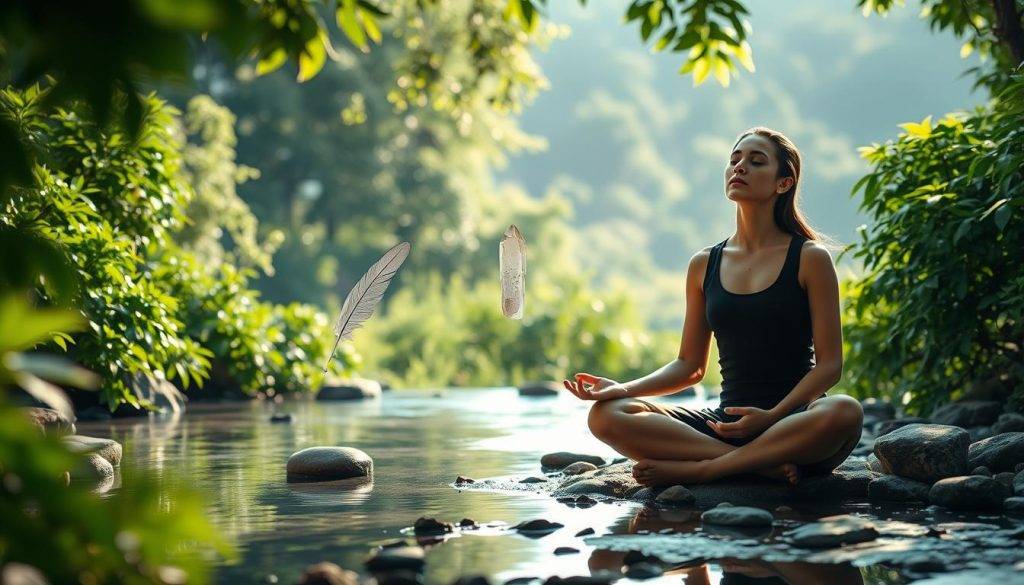 A tranquil scene depicting the integration therapy process. In the foreground, a person sitting cross-legged, eyes closed, in a serene meditative pose. Surrounded by lush, verdant foliage and natural elements like stones and water. The lighting is soft and diffused, creating a calming, introspective atmosphere. In the middle ground, various symbolic objects representing the integration of insights and transformative experiences, such as a feather, a crystal, or a journal. The background features a serene landscape, perhaps a forest or a secluded garden, conveying a sense of connection to the natural world. The overall composition suggests a journey of self-discovery, healing, and the integration of profound personal growth.