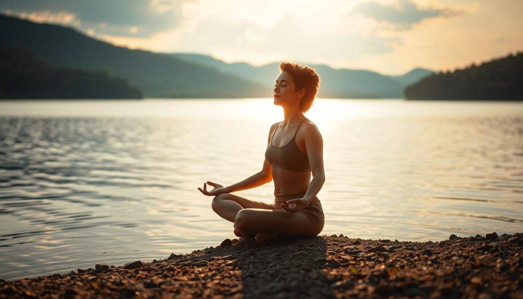 A tranquil scene of a person deeply immersed in meditation, sitting cross-legged on a serene lake shore. The foreground features the meditating figure, their eyes closed and expression calm, surrounded by a soft, ethereal halo of light. The middle ground showcases a rippling, mirror-like surface of the lake, reflecting the serene sky above. In the background, rolling hills and lush, verdant foliage create a peaceful, natural ambiance. Warm, diffused lighting bathes the entire scene, evoking a sense of tranquility and mindfulness. The overall mood is one of profound relaxation and a harmonious connection between the individual and the natural world.