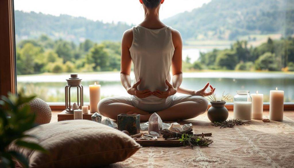 A tranquil scene of a person in a meditative pose, surrounded by elements symbolizing a balanced manifestation practice. The foreground features the figure sitting cross-legged on a plush, earthy-toned cushion, their hands resting gently in their lap. Soft, diffused lighting bathes the scene, creating a serene atmosphere. In the middle ground, an array of crystals, candles, and herbs are artfully arranged, conveying a sense of balance and intentionality. The background depicts a lush, verdant landscape with a calming body of water, hinting at the harmony between the internal and external realms. The overall composition radiates a sense of equilibrium, inner peace, and the integration of spiritual and practical elements in the manifestation process.