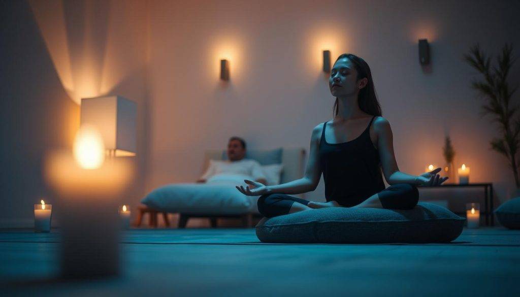 A tranquil scene of a person meditating in a serene, dimly lit room. The foreground features a person sitting cross-legged on a plush cushion, eyes closed, with a peaceful expression. The middle ground showcases gentle candlelight illuminating the space, creating a warm, relaxing ambiance. The background depicts a minimalist, Zen-inspired interior with neutral tones and simple décor, conveying a sense of harmony and balance. Soft, diffused lighting from multiple sources, including a floor lamp and wall sconces, casts a soothing glow throughout the room. The overall mood is one of deep relaxation, introspection, and the restorative benefits of meditation.