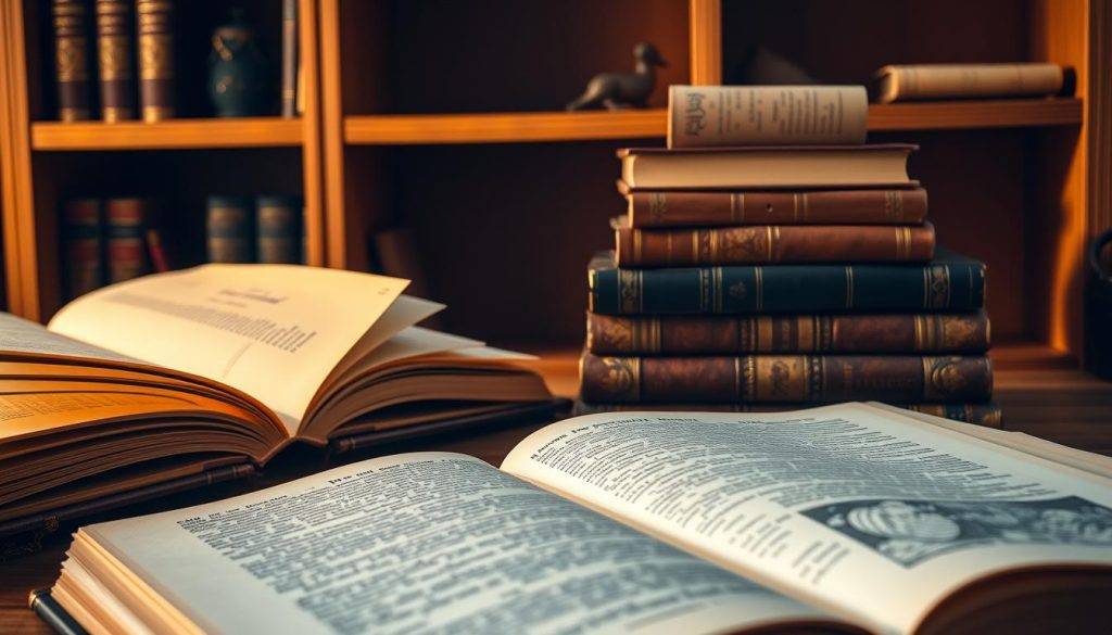 A tranquil scene of classical literature in perfect balance. In the foreground, an open book with ornate leather binding and gilded pages, bathed in warm, ambient lighting. In the middle ground, a stack of ancient tomes in varying hues of parchment and leather, arranged in a harmonious pyramid. The background features a minimalist wooden bookshelf, its shelves adorned with delicate calligraphic scrolls and antique brass accents, evoking a sense of timeless wisdom. The overall composition is characterized by a serene, contemplative atmosphere, inviting the viewer to immerse themselves in the timeless elegance of classical literature.