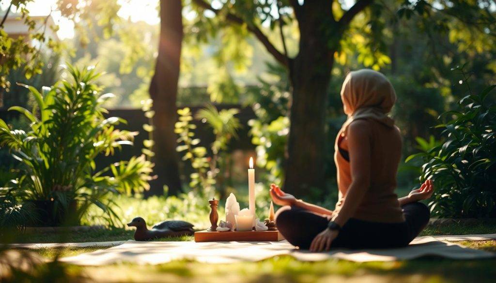A tranquil scene of daily integration practices unfolds in a sun-dappled garden. In the foreground, a person sits cross-legged, eyes closed, palms upturned, embodying a meditative pose. The middle ground features a small altar adorned with crystals, incense, and a single flickering candle, casting a warm, contemplative glow. In the background, lush greenery and the gentle sway of trees create a serene, nature-inspired backdrop. The overall atmosphere is one of introspection, balance, and the harmonious integration of the mind, body, and spirit.