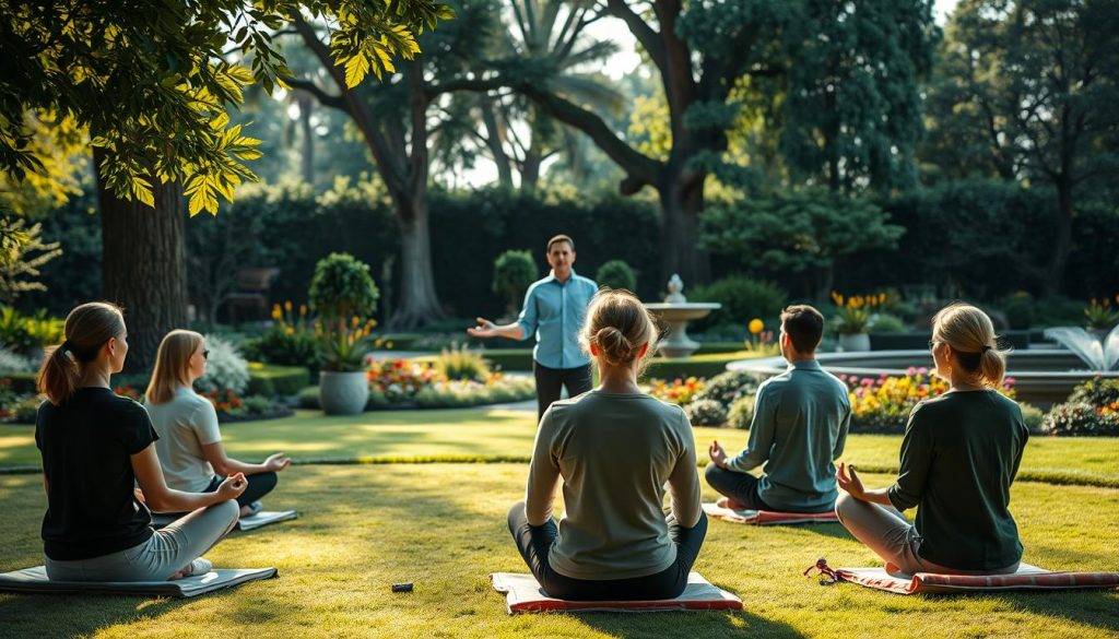 A tranquil scene of mindful leadership exercises unfolds in a serene garden setting. In the foreground, a group of professionals sit cross-legged on meditation cushions, their eyes closed in deep contemplation. Soft natural lighting filters through the lush foliage, casting a warm, introspective glow. In the middle ground, a facilitator guides the group, their hands gently demonstrating breathing techniques and mindfulness practices. The background features a beautifully landscaped garden, with towering trees, colorful flowers, and a calming water feature that enhances the sense of peaceful introspection. The overall atmosphere evokes a harmonious balance of mind, body, and spirit, perfectly suited for the application of mindfulness in personal and professional growth.