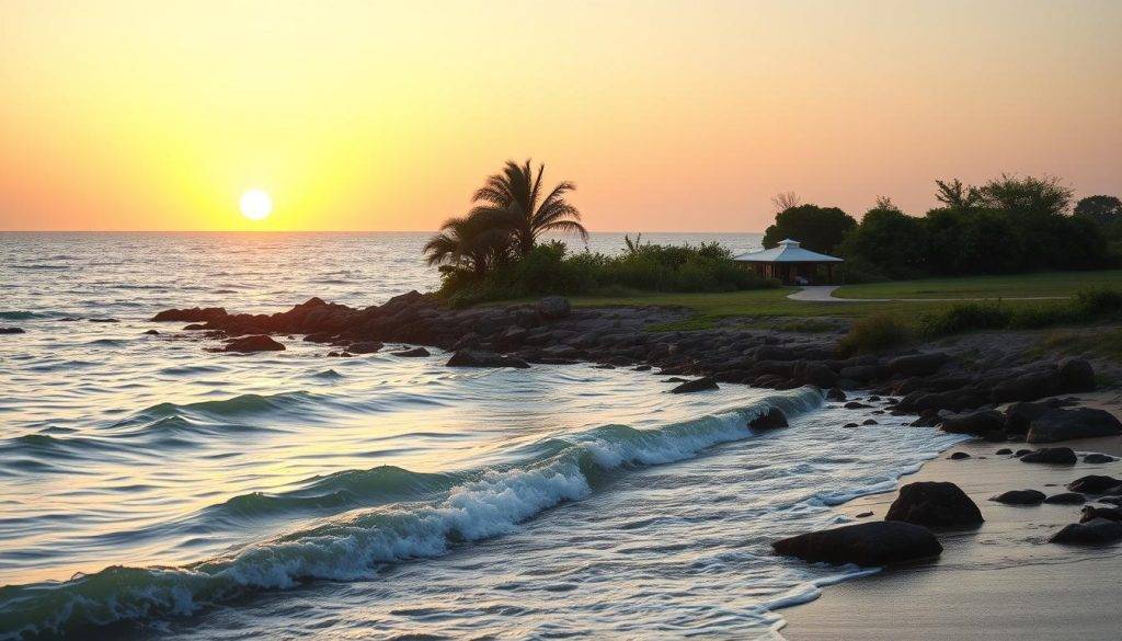 A tranquil seaside landscape where the foundations of a fulfilling retirement mindset take shape. In the foreground, a serene coastline with gentle waves lapping at the shore. In the middle ground, a path leading to a secluded garden filled with lush greenery, symbolizing the cultivation of inner peace. The background features a warm, golden sunset over the horizon, casting a soft, reflective glow across the scene. The lighting is soft and diffused, creating a sense of serenity and contemplation. The camera angle is slightly elevated, allowing the viewer to take in the full scope of the scene and feel a sense of calm and perspective. Overall, the image conveys a sense of harmony, balance, and a grounded, intentional approach to the next chapter of life.