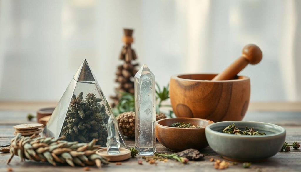 A tranquil still life arrangement showcasing an array of holistic healing tools. In the foreground, a crystal pyramid, a bundle of sage, and a smudge stick cast a warm, earthy glow. In the middle ground, a wooden mortar and pestle grind fragrant botanicals, while a quartz crystal point and a small ceramic bowl containing herbal tinctures sit nearby. The background features soft, diffused lighting, creating a serene, meditative atmosphere, as if captured in a cozy, natural setting. The overall scene radiates a sense of balance, wellness, and the harmonious integration of natural elements for holistic healing.