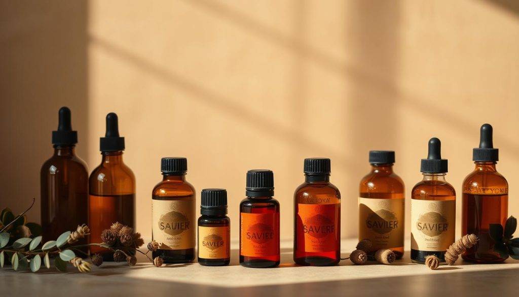 A tranquil still life featuring an assortment of essential oil bottles in warm, earthy tones. The bottles are arranged in a balanced, organic composition, highlighting the vibrant orange, red, and amber hues associated with the sacral chakra. Soft, diffused lighting casts gentle shadows, creating a sense of depth and atmosphere. The background is a muted, neutral palette, allowing the oils to take center stage. The overall mood is one of sensuality, creativity, and grounded spirituality, evoking the themes of the "Sacral Chakra: Creativity and Sensuality" section.