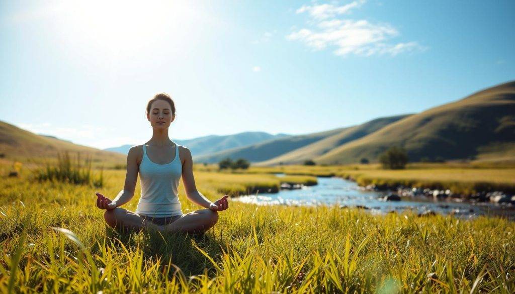 A tranquil, sun-dappled meadow. In the foreground, a serene figure sits in lotus position, eyes closed, hands resting gently on their lap. An aura of calm and clarity surrounds them, as soft, diffused light filters through the swaying grasses. In the middle ground, a gently flowing stream reflects the azure sky above, its surface rippling with a sense of peace. The background features rolling hills, their slopes covered in lush, verdant foliage. An atmosphere of mindful introspection and profound stillness permeates the scene, inviting the viewer to slow down, breathe deeply, and tap into the power of focused intention.