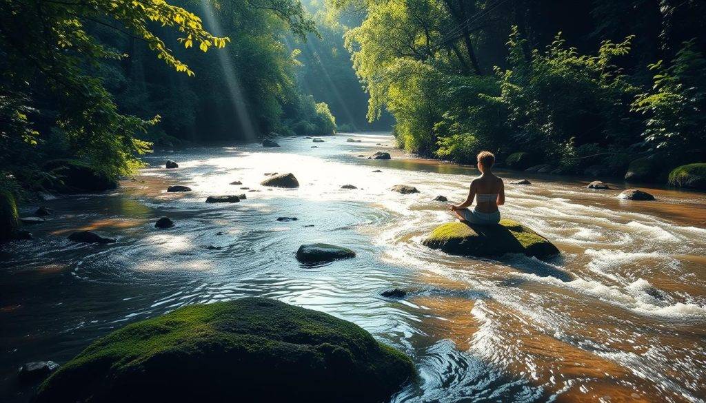 A tranquil, sun-dappled scene of a serene, flowing stream amidst lush, verdant foliage. The water meanders peacefully, its surface shimmering with a sense of creative vitality. Soft, diffused lighting bathes the scene in a warm, inviting glow, capturing the essence of a state of effortless flow and inspired creativity. Delicate wildflowers dot the banks, adding pops of vibrant color. A lone, contemplative figure sits on a mossy rock, fully immersed in the meditative rhythm of the water's gentle current. The entire composition conveys a profound sense of harmony, balance, and the boundless potential of the human spirit in a state of creative flow.