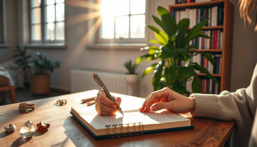 A tranquil workspace, a wooden desk with a journal, pen, and crystals, bathed in warm, natural light streaming through large windows. In the foreground, a person's hands thoughtfully write down their daily intentions, their face not visible but conveying a sense of focus and calm. The background features a lush, green houseplant and a bookshelf filled with self-improvement and mindfulness titles, hinting at the freelancer's dedication to personal growth. The overall atmosphere is one of intentionality, reflection, and a belief in the power of manifestation.