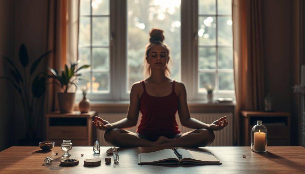 A tranquil workspace bathed in warm, diffused lighting. In the foreground, a serene meditative pose, the subject's eyes gently closed as they focus their intention. Scattered around them, various symbolic objects - a compass, a crystal, a candle - evoking a sense of introspection and clarity. The middle ground features a clean, minimalist desk with a notebook and pen, hinting at the process of setting and refining goals. In the background, a peaceful nature scene, perhaps a window overlooking a serene garden, emphasizing the connection between internal focus and the external world.