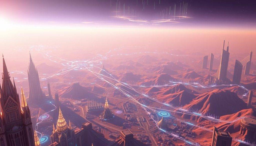 A vast, boundless digital expanse of virtual reality environments, filled with a captivating interplay of light and shadow. In the foreground, a futuristic cityscape of towering, crystalline structures and intricate architectural patterns, bathed in a warm, ambient glow. In the middle ground, a landscape of undulating hills and valleys, with shimmering holographic overlays and prismatic data streams weaving through the air. In the distance, a horizon line of towering, alien monoliths, their surfaces reflecting the ever-changing hues of the virtual sky. The scene is infused with a sense of wonder and discovery, inviting the viewer to step into this captivating digital frontier and explore the limitless possibilities of virtual worlds.