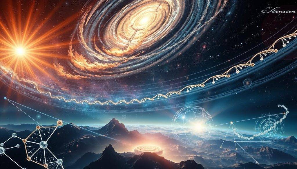 A vast cosmic landscape, where swirling galaxies and nebulae dance in a symphony of light and shadow. In the foreground, a holographic projection of DNA strands and molecular structures emerges, pulsating with an ethereal energy. Beams of light converge from various angles, casting a warm, contemplative glow on the scene. The middle ground reveals intricate geometric patterns, hinting at the underlying mathematical principles that govern the natural world. In the background, a serene, ethereal realm of consciousness takes shape, with wisps of energy and arcane symbols resonating with ancient wisdom. The overall atmosphere is one of scientific revelation and spiritual insight, inviting the viewer to ponder the hidden connections between the physical and metaphysical realms.