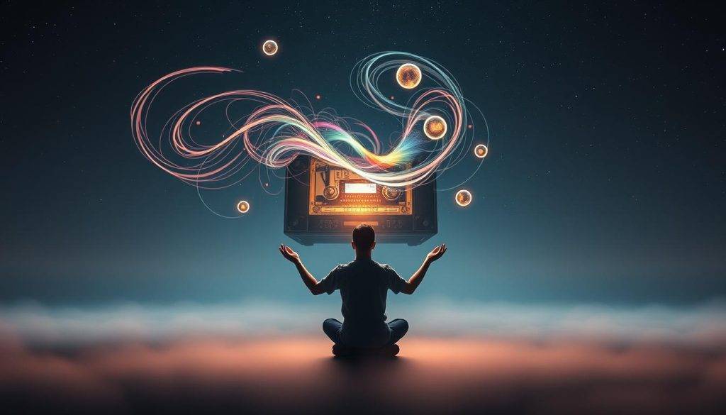 A vast, ethereal landscape bathed in soft, ambient lighting. In the foreground, a figure sits in a meditative pose, their hands outstretched, channeling the power of music. Swirling energy emanates from their fingertips, manifesting as vibrant, glowing orbs that dance and pulse through the air. In the middle ground, a grand, ornate music player hovers, its intricate mechanisms and glowing displays reflecting the interplay of sound and spirit. The background is a vast, starry sky, hinting at the cosmic nature of this mystical connection between music and manifestation. The overall atmosphere is one of tranquility, focus, and the harmonious integration of the physical and the metaphysical.