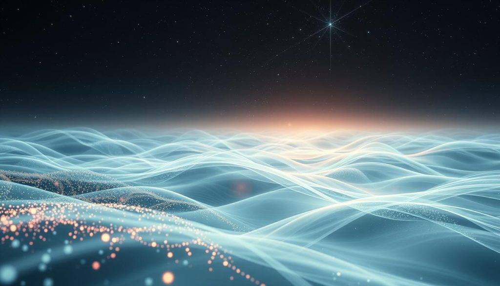 A vast, ethereal landscape where quantum phenomena dance amidst swirling, energy-infused fields. In the foreground, glowing particles and fractals intertwine, hinting at the fundamental forces that govern the universe. The middle ground features translucent, undulating waves - morphic fields that connect all living things, pulsing with the rhythm of collective consciousness. The background fades into a starry, cosmic expanse, suggesting the infinite, interconnected nature of all existence. Soft, ambient lighting bathes the scene, creating a sense of wonder and mysticism. Captured through a wide-angle lens, the composition draws the viewer into this elegant, visually captivating representation of the marriage between quantum physics and morphic fields.