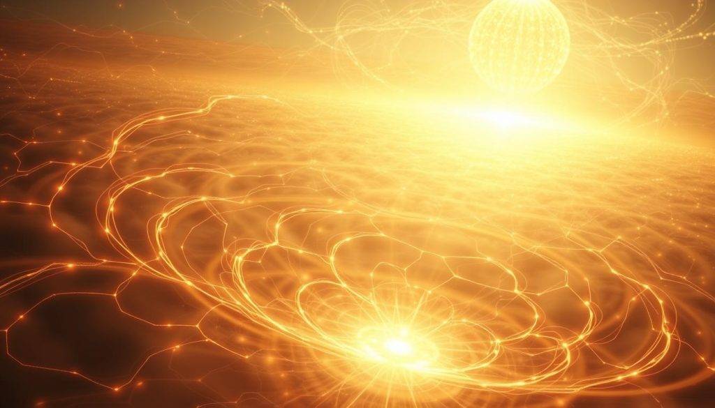 A vast, ethereal plane of swirling energy, pulsing with the collective consciousness of humanity. In the foreground, a glowing orb of light, representing the shared mind that transcends individual boundaries. Surrounding it, a kaleidoscope of interconnected tendrils, ebbing and flowing like neural pathways, visualizing the intricate web of ideas, emotions, and experiences that bind us together. In the distance, a horizon of shimmering light, hinting at the infinite expanse of the collective psyche. Subtle, ambient lighting casts a dreamlike, mystical atmosphere, inviting the viewer to contemplate the profound implications of our shared consciousness.