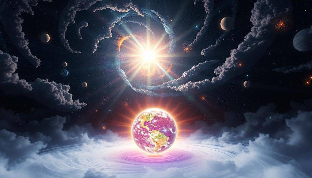 A vast, ethereal universe swirls with pulsing energy. In the foreground, a luminous sphere radiates waves of vibrant colors, representing the concentrated power of collective intention. Surrounding it, celestial bodies and cosmic clouds dance in an elegant choreography, their movements guided by the universal flow of consciousness. Beams of light pierce the inky darkness, illuminating the interconnected web of energy that binds all things. The atmosphere is charged with a sense of transcendent wonder, inviting the viewer to feel the profound potential of group manifestation. Soft, diffused lighting casts a dreamlike glow, while the camera angle suggests a perspective from within the energy field itself, immersing the observer in the mystical experience.