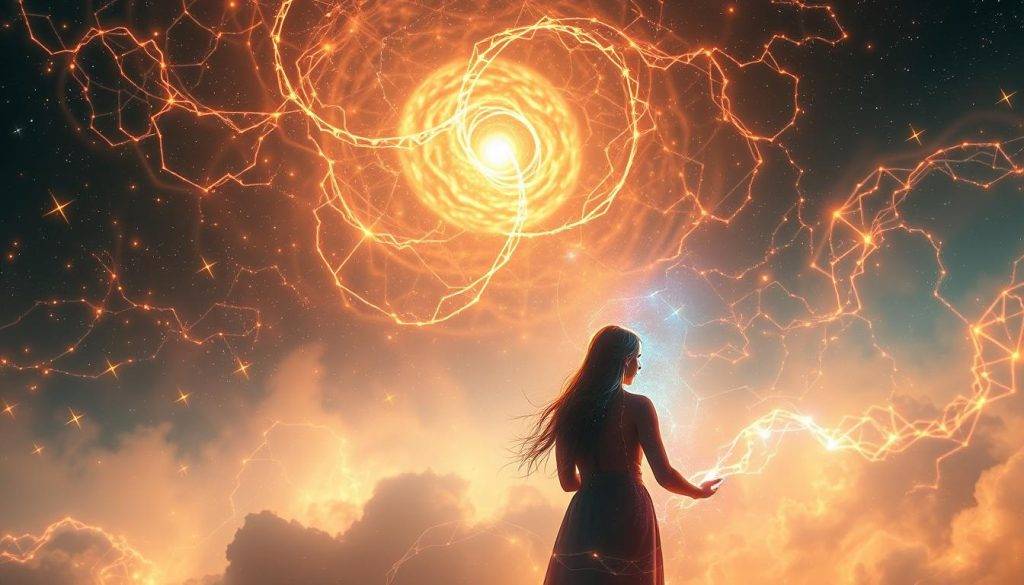 A vast expanse of cosmic energy, glowing with the luminous threads of quantum entanglement. Swirling nebulae of emotional connections, intertwining and pulsing with the rhythm of consciousness. In the foreground, two figures, their auras intertwined, their gazes locked in a moment of profound understanding. Diffuse lighting casts a dreamlike haze, while the background is punctuated by the flickering of distant stars and the undulating patterns of energy fields. The scene evokes a sense of the profound interconnectedness of all things, where the boundaries between the physical and the metaphysical dissolve, and the observer becomes an integral part of the reality they perceive.