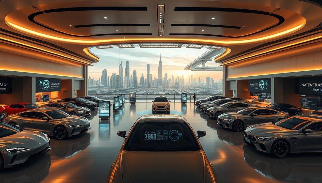 A vast, expansive virtual showroom with sleek, modern architecture and dynamic lighting. In the foreground, an array of luxury vehicles are meticulously displayed, their surfaces gleaming under the warm, ambient illumination. The middle ground features interactive digital displays and holographic projections, showcasing the latest automotive technology. In the background, the space opens up to a panoramic vista of a futuristic cityscape, with towering skyscrapers and seamlessly integrated transportation systems. The atmosphere is one of innovation, exclusivity, and a sense of being immersed in a cutting-edge, hyper-realistic virtual environment.