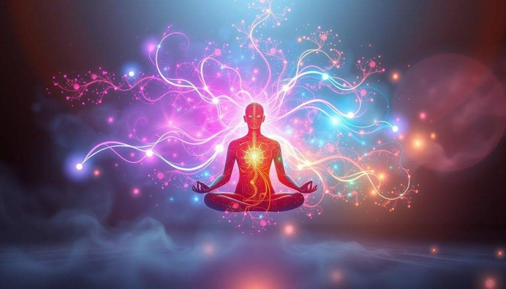 A vibrant and ethereal biofield shimmers with luminescent energy, emanating from a central figure in a meditative pose. Wisps of color swirl and intertwine, representing the intricate interconnections within the human energy system. Soft, diffused lighting bathes the scene, creating an atmosphere of tranquility and contemplation. In the background, subtle geometric patterns and organic shapes hint at the underlying principles and structures of the biofield. The composition conveys a sense of balance, harmony, and the profound mysteries of the human energy field.