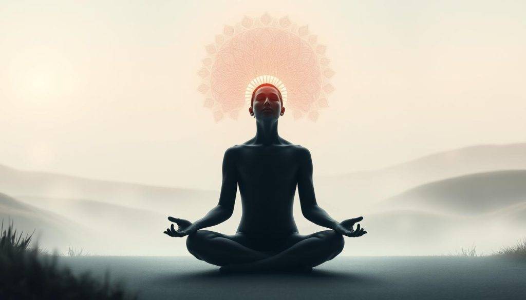 A vibrant and serene scene of a person meditating in a tranquil setting, with gamma wave patterns emanating from their head, illuminating the surrounding environment with a soft, ethereal glow. The figure is seated in a lotus position, eyes closed, radiating a sense of deep focus and inner calm. The background is a minimalist, nature-inspired landscape, with soft lighting and muted hues that create a contemplative atmosphere. The composition is balanced and visually striking, capturing the essence of effective gamma wave meditation for cognitive enhancement.