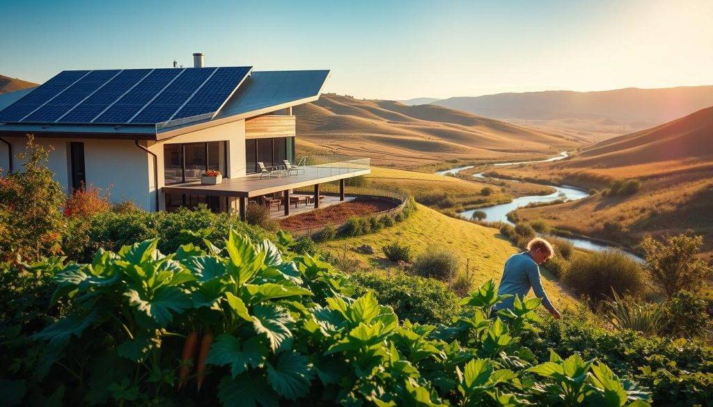 A vibrant and tranquil scene showcasing a sustainable lifestyle. In the foreground, a person tending to a lush vegetable garden, surrounded by an abundance of fresh produce. In the middle ground, a solar-powered home with a sleek, modern design, its rooftop covered in gleaming photovoltaic panels. In the background, a serene landscape with rolling hills, a winding stream, and a clear, azure sky. The lighting is soft and natural, casting a warm, inviting glow over the entire scene. The overall atmosphere conveys a sense of harmony, balance, and a deep connection with the natural world.