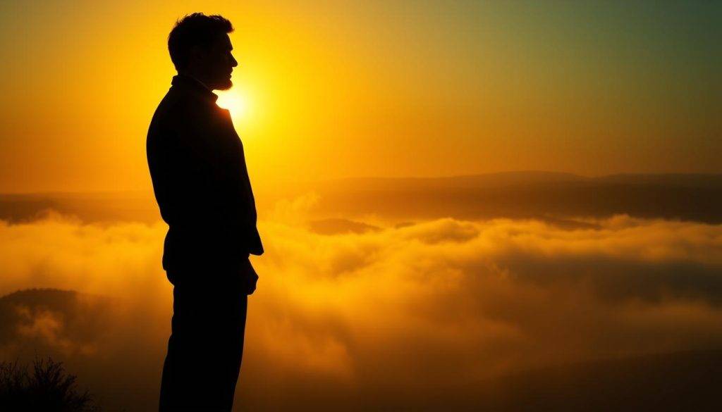 A vibrant, cinematic depiction of a person's future self, standing tall and confident, their silhouette illuminated by a warm, golden light that radiates from behind, casting a powerful shadow across a misty, dreamlike landscape. In the foreground, the figure's features are sharply defined, their gaze fixed with determination, conveying a sense of clarity and purpose. In the middle ground, a swirling mist obscures the details, hinting at the unknown paths and challenges that lie ahead. The background is a sweeping vista of rolling hills and a distant horizon, suggesting the boundless potential and opportunities that await the future self. The overall atmosphere is one of transformation, growth, and the transcendence of obstacles, capturing the essence of the "Transforming Decision-Making and Overcoming Life's Obstacles" section.