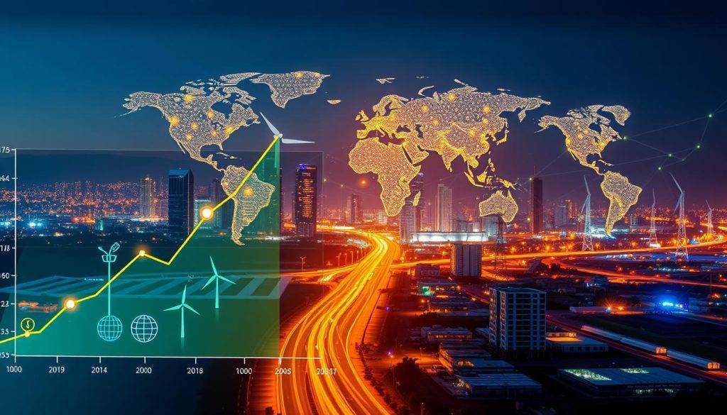 A vibrant, data-driven visualization of the clean energy market trends, showcasing the dynamic growth and diversification of renewable energy sources. In the foreground, a sleek line graph displays the increasing adoption of solar, wind, and geothermal power over time, with colorful icons representing each energy type. In the middle ground, a cityscape of modern, sustainable buildings and infrastructure is illuminated by the glow of renewable energy systems. In the background, a world map highlights the global spread of clean energy initiatives, with glowing nodes and interconnected lines representing the international networking and collaboration in this rapidly evolving industry. The scene is bathed in a warm, optimistic light, conveying a sense of progress and a promising future for clean energy.