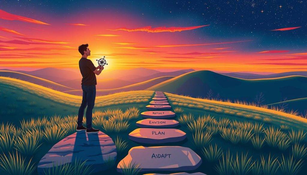 A vibrant digital illustration showcasing the steps for empowered goal setting. In the foreground, a person stands confidently, holding a compass and gazing at a clear path ahead. The middle ground features a series of stepping stones, each labeled with a key step: "Reflect", "Envision", "Plan", "Commit", "Adapt". The background depicts a serene landscape of rolling hills, a vibrant sunset, and a starry night sky, symbolizing the journey towards lasting positive change. The lighting is warm and inspiring, captured through a wide-angle lens to convey a sense of possibility and growth.