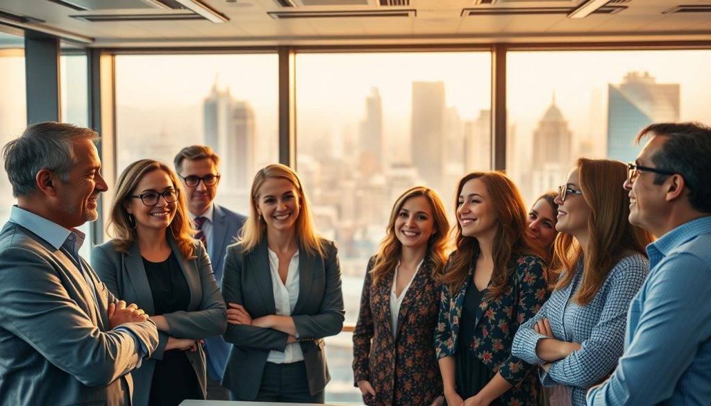 A vibrant, dynamic leadership team gathered in a modern, well-lit conference room. In the foreground, three executives engaged in lively discussion, their body language conveying a sense of passion and purposeful collaboration. In the middle ground, the team's diverse members - a mix of ages, genders, and ethnicities - lean in, their expressions attentive and engaged. The background features large windows overlooking a bustling cityscape, bathed in warm, golden light that infuses the scene with a sense of possibility and forward momentum. The overall atmosphere is one of inspiration, connection, and a shared drive to achieve organizational success.