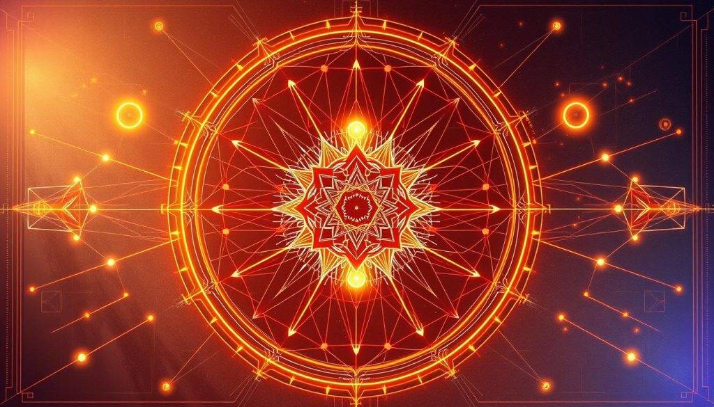 A vibrant, futuristic blueprint illustrating the collective intention of a group, rendered in a warm, ethereal glow. Intricate geometric shapes and energy fields intertwine, forming a visually captivating and inspirational visual representation of the synergistic power of unified focus. The composition features a central mandala-like structure surrounded by radiating lines and pulsing orbs, all set against a subtly textured, metallic-toned background that suggests advanced technological elements. Soft lighting casts a meditative ambiance, while a sense of depth and dimension draws the viewer into the collaborative, high-vibrational essence of the "collective intention blueprint".
