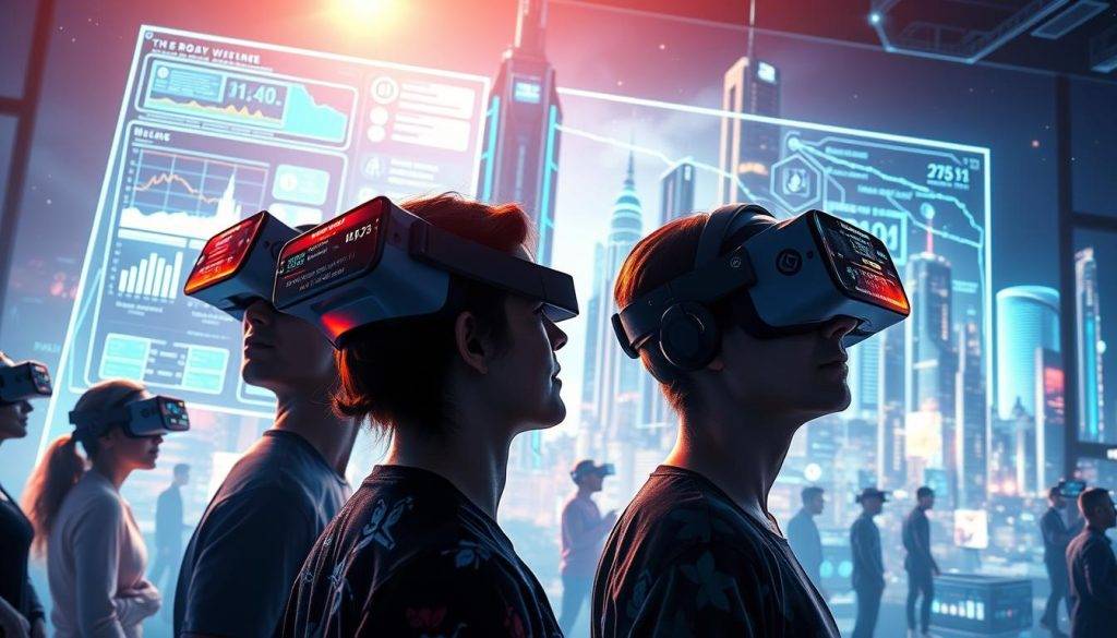 A vibrant, futuristic scene depicting the "Web3 experiential economy". In the foreground, a group of people immersed in virtual reality headsets, their faces lit by the glow of digital interfaces. Behind them, a holographic display showcases a dynamic, ever-changing landscape of data visualizations, cryptocurrency charts, and digital marketplaces. The middle ground features lifelike avatars engaged in various transactions and experiences, blurring the line between the physical and digital realms. In the background, a towering metropolis of gleaming skyscrapers and futuristic architecture, pulsing with the energy of a thriving, interconnected virtual world. Soft, diffused lighting illuminates the scene, creating a sense of wonder and technological progress. The overall mood is one of immersion, innovation, and the boundless potential of the metaverse.