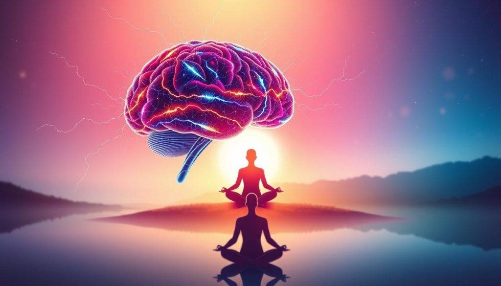 A vibrant, holistic illustration showcasing the cognitive benefits of gamma wave meditation. In the foreground, a dynamic brain diagram pulsates with colorful, lightning-like gamma wave patterns, symbolizing enhanced neurological activity and cognitive performance. The midground features a serene, meditating figure immersed in a state of deep focus, surrounded by a soft, ethereal glow. The background depicts a tranquil, nature-inspired landscape, with soothing hues and gentle lighting, conveying the calming atmosphere that enables gamma wave entrainment. The composition strikes a balance between the scientific and the contemplative, reflecting the synergistic relationship between gamma waves and peak mental capacities.