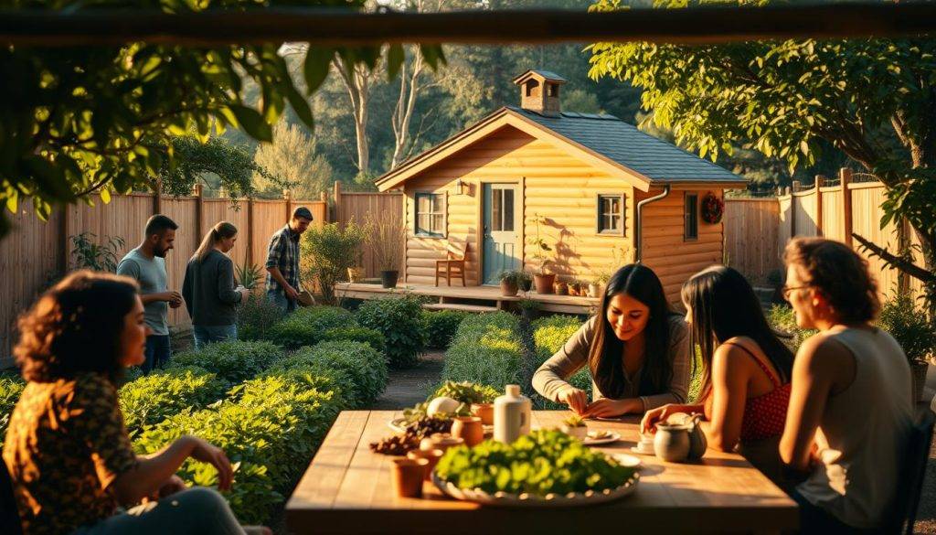 A vibrant intentional community support system, bathed in warm, natural lighting. In the foreground, a diverse group of people gather around a communal table, engaged in deep discussion and sharing ideas. The middle ground features a lush, thriving garden where community members tend to their crops, fostering a sense of self-sufficiency. In the background, a cozy, eco-friendly housing structure stands as a testament to the community's commitment to sustainable living. The atmosphere exudes a harmonious balance of collaboration, creativity, and a deep connection to the natural world.