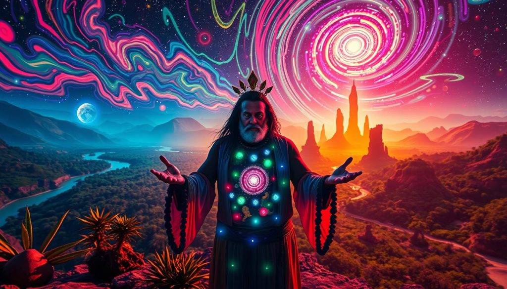 A vibrant, psychedelic depiction of ancient plant medicine and healing traditions. In the foreground, a shaman figure surrounded by ethereal, kaleidoscopic energy, hands outstretched in a gesture of mystical connection. In the middle ground, a lush, verdant landscape with winding rivers and towering, otherworldly plants. In the background, a starry, cosmic sky pulsing with swirling, neon-hued light. Dreamlike, immersive lighting casts an otherworldly glow, capturing the sacred, transformative essence of the plant-based rituals. Surreal, high-contrast photography style with a wide-angle lens to enhance the sense of depth and expansive, transcendent experience.