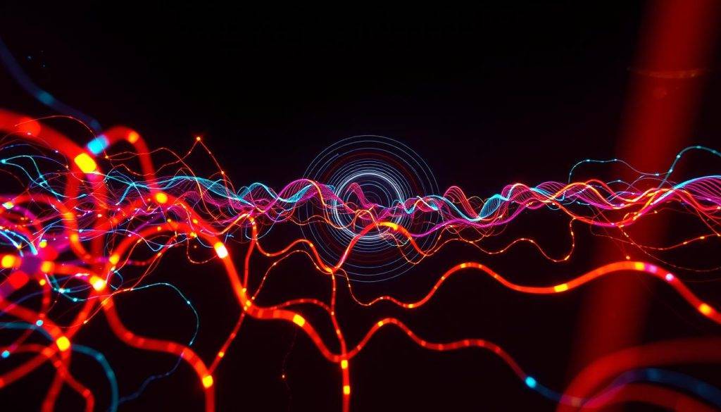 A vibrant, pulsating visual representation of gamma brainwaves. In the foreground, a dynamic array of undulating, iridescent lines and curves, resembling a neural network, pulsing with an electric, mesmerizing energy. The middle ground features a subtle, translucent overlay of concentric circles, symbolizing the rhythmic patterns of gamma waves. The background is a deep, velvety void, accentuating the captivating, almost hypnotic nature of the subject. Dramatic lighting casts dramatic shadows, adding depth and dimension to the scene. Captured through a wide-angle lens, the composition conveys a sense of immersion and wonder, inviting the viewer to explore the intricate and powerful world of gamma brainwaves.