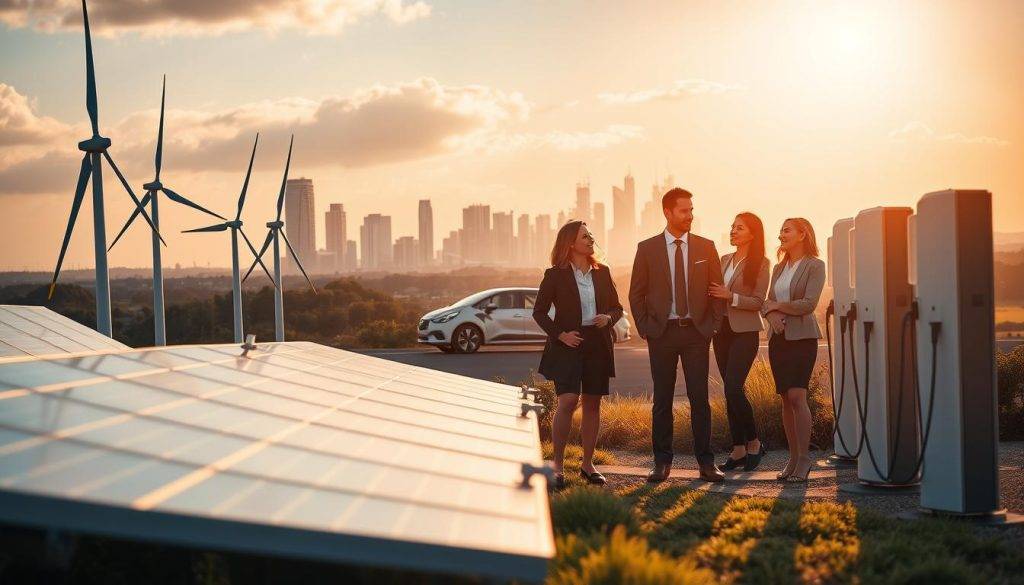 A vibrant tableau showcasing the synergy between energy and service offerings. In the foreground, a striking array of power sources - solar panels, wind turbines, and electric vehicle charging stations - symbolizing the diverse energy solutions. The middle ground features a group of professionals in sleek business attire, engaged in animated discussion, representing the energy networking community. In the background, a skyline of gleaming skyscrapers and a sun-dappled landscape, conveying a sense of progress and success. Warm, golden lighting bathes the scene, creating an atmosphere of collaboration and optimism. Crisp, high-resolution photography with a slight wide-angle lens captures the dynamic interplay of elements, highlighting the multifaceted nature of energy-driven service offerings.