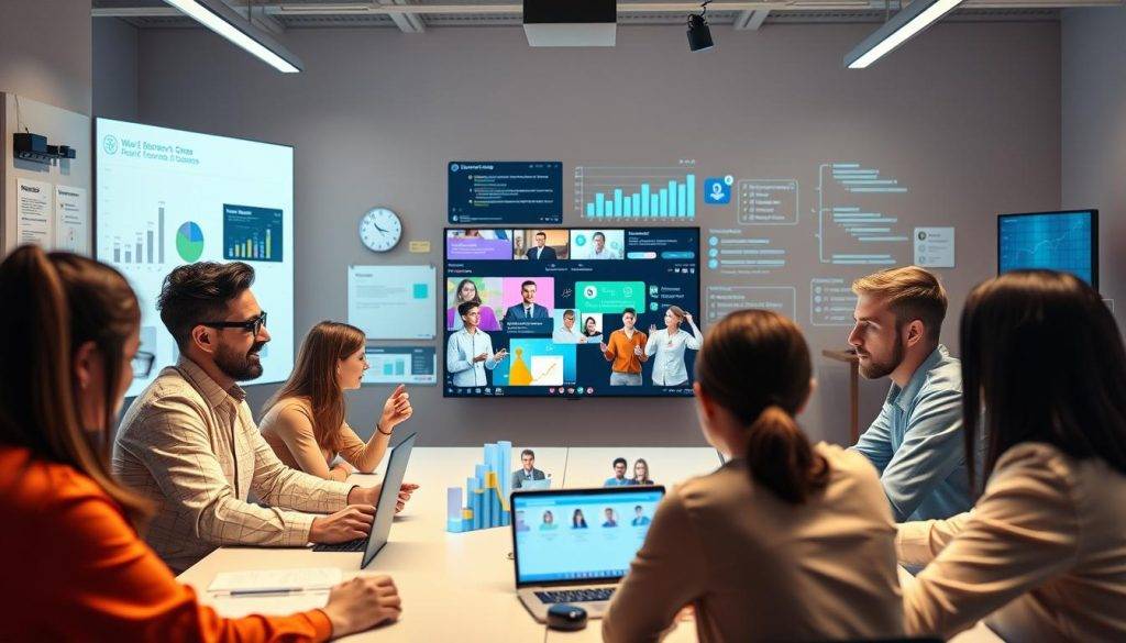 A virtual team working together in a dynamic digital workspace. In the foreground, colleagues collaborate using virtual whiteboards, video conferencing, and real-time document editing. The middle ground features a vibrant 3D avatar-based meeting, with team members gesticulating and exchanging ideas. In the background, a kaleidoscope of digital tools, dashboards, and communication channels create a sense of interconnectedness. Soft, indirect lighting illuminates the scene, evoking a productive, focused atmosphere. The composition emphasizes the seamless integration of technology and human interaction, capturing the essence of enhanced team communication and collaboration in the remote work era.